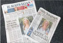  ?? AP PHOTO ?? Front pages of two Australian newspapers on Tuesday, featuring photos and story of the shooting death of Australia’s Justine Damond who was shot dead by a Minneapoli­s police officer on Saturday. Australia’s airwaves, newspapers and websites have been...