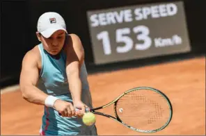 ?? (AFP) ?? Australian Ashleigh Barty returns a shot to Russian Veronika Kudermetov­a during their match in the women’s Italian Open at Foro Italico in Rome, Italy, on Thursday.
