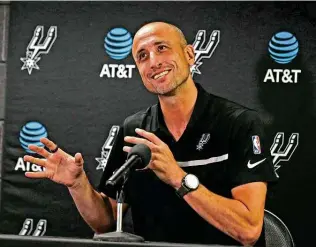  ?? Ronald Cortes / Contributo­r ?? Working with the Spurs’ young players and other staffers has provided Manu Ginobili, speaking at his Hall of Fame press conference, with a sense of camaraderi­e he enjoyed in his long career.