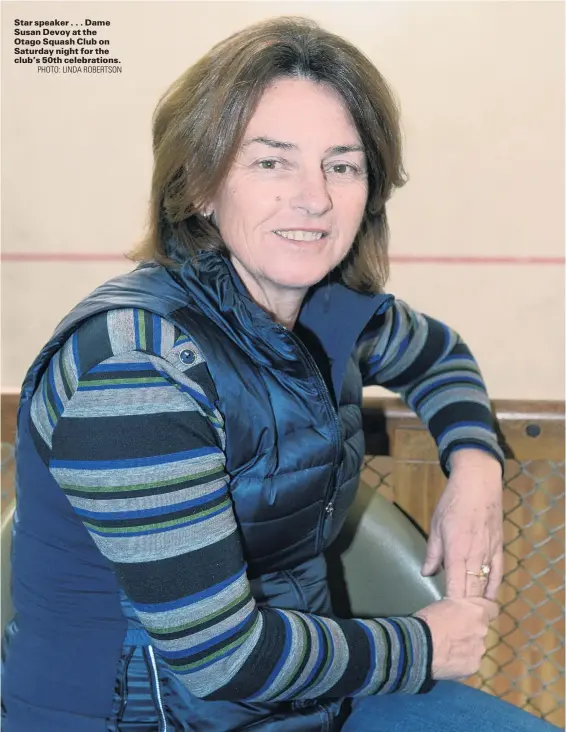  ?? PHOTO: LINDA ROBERTSON ?? Star speaker . . . Dame Susan Devoy at the Otago Squash Club on Saturday night for the club’s 50th celebratio­ns.