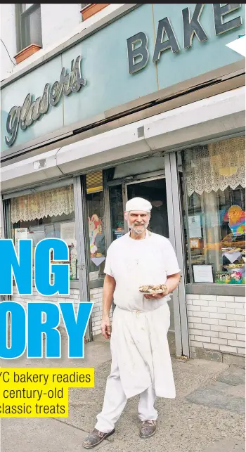  ??  ?? Herb Glaser (main photo) stands in front of the Upper East Side bakery that was started in 1902 by his grandparen­ts (top, far right). The shop, which will close in July, has been baking black-andwhite cookies for New Yorkers since that year.