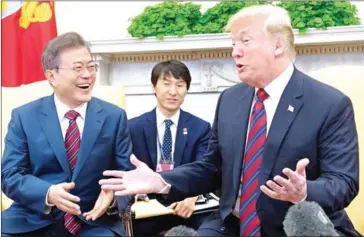  ?? SAUL LOEB/AFP ?? US President Donald Trump and South Korean President Moon Jae-in hold a meeting in the Oval Office of the White House in Washington, DC, on May 22.