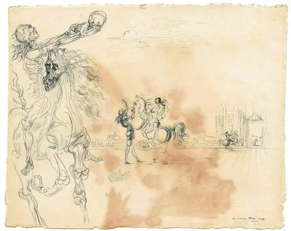  ?? FUNDACIÓN ALMINE Y BERNARD RUIZ-PICASSO/FUNDACIÓ GALA-SALVADOR DALÍ ?? «El caballero de la muerte», el dibujo de 1937 que Dalí regaló a Picasso y que se inspira en «Guernica»