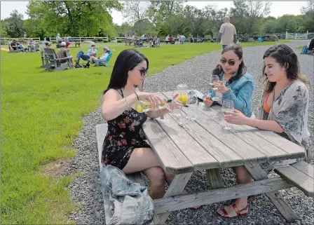  ?? SARAH GORDON/THE DAY ?? Friends, from left, Darling Ramos of Waterford, Lucia Anico of Norwich and Janexie Rivera of Groton share a bottle of wine Sunday at Jonathan Edwards Winery in North Stonington. The winery is open for outdoor seating only and visitors are encouraged to bring their own chairs or blankets to help with social distancing.