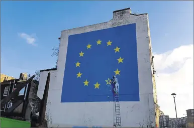  ??  ?? The original Banksy mural in Dover and, right, the artist’s Instagram post shows what he wanted to do to his Brexit artwork on the day Britain leaves the EU