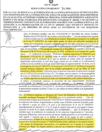  ?? ?? Facsímil de la Resolución Nº 24 de Conajzar con la cual revoca sus planes de “legalizaci­ón” de tragamoned­as, basada en asesoría externa, Procuradur­ía de la República y la Abogacía del Tesoro.