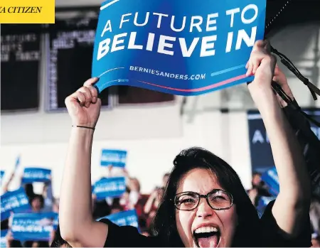  ?? SPENCER PLATT / GETTY IMAGES ?? A young woman expresses her enthusiasm for Bernie Sanders after Tuesday’s Democratic primary. Some prominent women have been asking why.