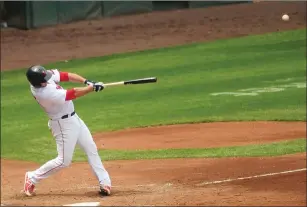  ?? Photo by Ernest A. Brown ?? PawSox catcher Mike Ohlman connected on a solo home run in the third inning to help the PawSox grab a one-run lead Wednesday morning. Buffalo came back to win the game, 5-4, at McCoy.