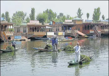  ?? ANI ?? Boatmen collecting weeds at Dal Lake in Srinagar on Tuesday.