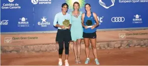  ??  ?? CHAMPIONS: Omani star Fatma Al Nabhani, left, and her Spanish partner Arabela Fernandez Rabener pose with their trophies after winning the doubles title in the $15,000 ITF Pro Circuit Las Palmos de Gran Canaria tournament in Spain.