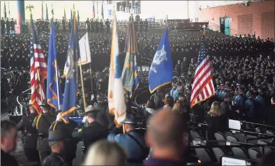  ?? Brian A. Pounds / Hearst Connecticu­t Media ?? The Xfinity Theater is packed with state and local police officers as the colors are carried in for the funeral of State Police Sgt. Brian Mohl in Hartford on Thursday. Mohl was swept away in the floodwater­s in Woodbury from the remnants of Hurricane Ida.