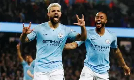  ??  ?? Manchester City’s Sergio Agüero celebrates scoring what turned out to be the only goal in his side’s victory over West Ham. Photograph: Jason Cairnduff/Action Images via Reuters