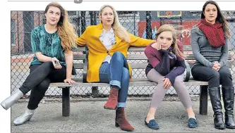  ??  ?? Maddy Knauer (from left), Jillian Anthony, Samantha Stallard and Gabriella Prieto re-create a “Girls” cast pose (below) on a bench near Houston Street in the West Village.