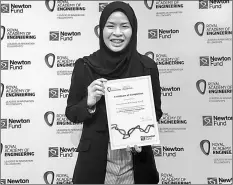  ??  ?? Nurul Husna binti Mohd Yusoff, a second-year MEng in Chemical Engineerin­g with Oil and Gas Technology student at Heriot-Watt University Malaysia, became the youngest participan­t at the Leaders in Innovation Fellowship (LIF) programme, which was held in London in January 2019.