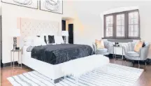  ?? DESIGN RECIPES/ TNS ?? Two faux fur Lucite stools add a retro element in this master bedroom.