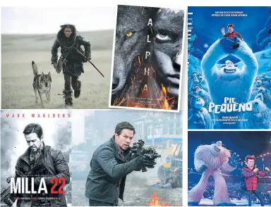  ??  ?? (1) ALPHA. Ambientada en la Europa de hace 20,000 años, sigue la historia de Keda, un joven que, tras ser herido, es abandonado por los hombres de su tribu. (2) MILLA 22. Encabezada por Mark Wahlberg, propone acción desmedida con aire colombiano. “PIE PEQUEÑO”. Filme animado con Channing Tatum, relata una nueva versión de la leyenda de Pie Grande, contada por un Yeti.