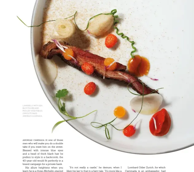  ??  ?? Lamb belly with sea buckthorn and pickled vegetables; opposite page: andreas caminada