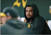  ?? JANE TYSKA — BAY AREA NEWS GROUP FILE ?? Oakland Athletics starting pitcher Sean Manaea sits in the dugout in the second inning of their game against the Seattle Mariners at the Coliseum in Oakland on Sept. 20, 2021.