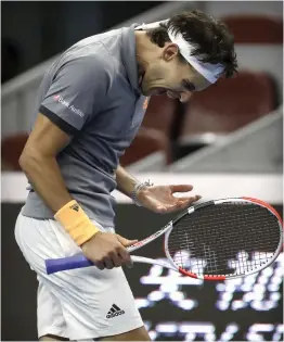  ?? — AP ?? Dominic Thiem of Austria reacts while competing against Karen Khachanov of Russia in their semi-final match in the China Open in Beijing on Saturday.