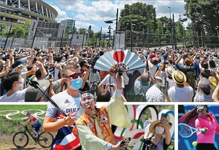  ??  ?? Excitement builds: crowds gather at the National Stadium ahead of the opening ceremony, top. Above from left: a Team GB cyclist, archer James Woodgate, Olympics fans and tennis star Naomi Osaka