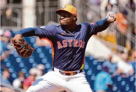  ?? Jeff Roberson/associated Press ?? Framber Valdez gives the Astros four innings of one-run ball against the Tigers on Monday, a game in which he chose not to call his own pitches.