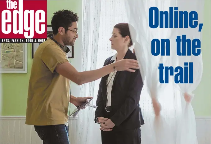  ??  ?? LOOKING FOR CLUES AND CUES: Debra Messing, above with director Aneesh Chaganty and below with co-star John Cho, overcame many challenges to film ‘Searching.’