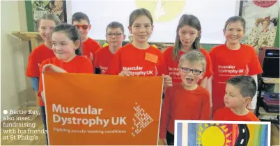  ?? Bertie Kay, also inset, fundraisin­g with his friends at St Philip’s
ST PHILIP’S C of E Primary School held a “Go Orange for a Day” event on on Friday, February 2 in order to raise awareness and vital funds for Muscular Dystrophy UK. All 207 children and  ??