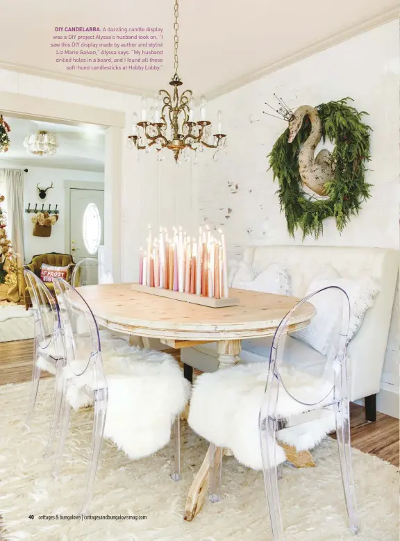  ?? ?? DIY CANDELABRA. A dazzling candle display was a DIY project Alyssa’s husband took on. “I saw this DIY display made by author and stylist Liz Marie Galvan,” Alyssa says. “My husband drilled holes in a board, and I found all these
soft-hued candlestic­ks at Hobby Lobby.”