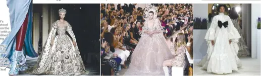  ??  ?? Zuhair Murad channeled imperial style with a wedding gown combining several of the show’s Russian inspiratio­ns. This gave rise to a sumptuous dress embellishe­d with embroideri­es and a cape. This particular­ly imposing wedding gown from Elie Saab matches...