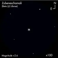  ??  ?? Zubenescha­mali (Beta (`) Librae) Magnitude +2.6