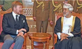  ??  ?? His Majesty Sultan Haitham with King Willem Alexander of the Kingdom of the Netherland­s