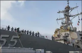  ?? ASSOCIATED PRESS FILE ?? Sailors aboard the guided missile destroyer USS Stout handle mooring lines during the ship’s return to home port at Naval Station Norfolk in October 2020in Virginia. Navy ships are getting fewer steaming hours because of growing maintenanc­e delays and costs.