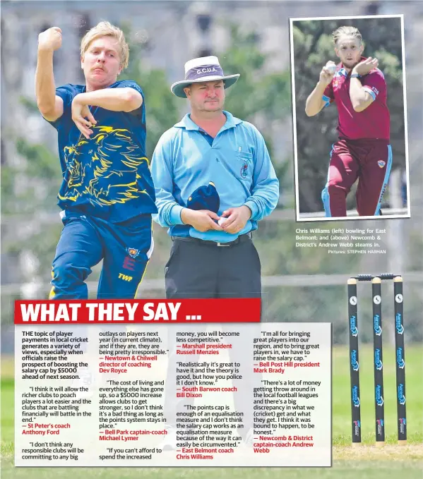  ?? Pictures: STEPHEN HARMAN ?? Chris Williams (left) bowling for East Belmont; and (above) Newcomb & District’s Andrew Webb steams in.