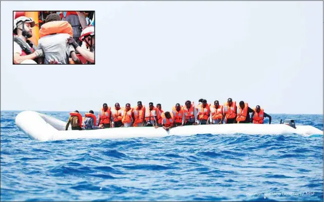  ??  ?? In this photo taken Saturday and released on Aug 11, a rubber dinghy with over 80 migrants off the Libyan coast has received life vests from a rescue team of the Ocean Viking ship, operated by the NGOs SOS Mediterran­ee and Doctors Without Borders. The Ocean Viking was already carrying over 80 people rescued earlier, and is blocked at sea while it waits to be assigned a safe port. Italian Interior Minister Matteo Salvini, who has triggered a government crisis in Italy, signed Friday a ban on the ship’s entry into Italian waters. (Inset): A rescue team of the Ocean Viking ship helps a person rescued from a rubber dinghy with over 80 migrants off the Libyan coast. (AP)