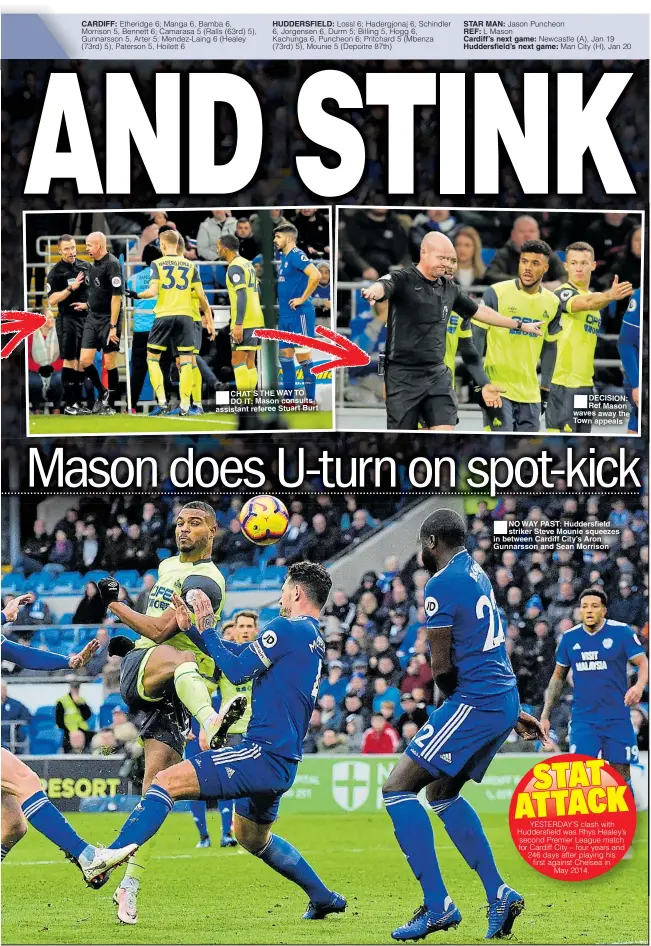  ??  ?? CARDIFF: HUDDERSFIE­LD: CHAT’S THE WAY TO DO IT: Mason consults assistant referee Stuart Burt STAR MAN:REF:Cardiff’s next game: Huddersfie­ld’s next game: DECISION: Ref Mason waves away the Town appeals NO WAY PAST: Huddersfie­ld striker Steve Mounie squeezes in between Cardiff City’s Aron Gunnarsson and Sean Morrison