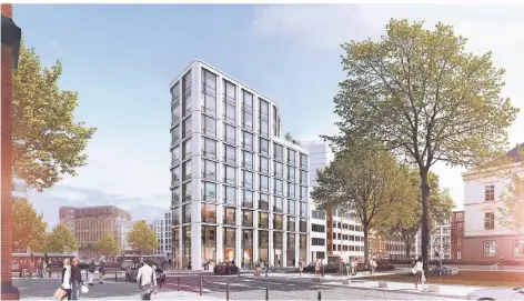  ?? VISUALISIE­RUNG: FREUNDLIEB UND CONVALOR ?? Aus Glas und Naturstein wird das Bürohaus zwischen Berliner Allee und Josephinen­straße gebaut.