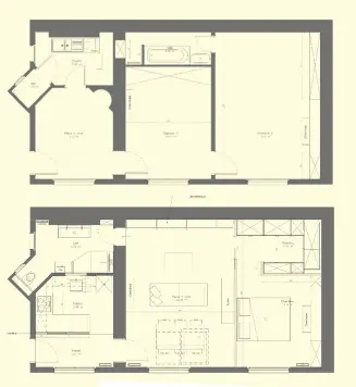  ??  ?? ProjetDans la cuisine en« U », l’architecte imagine un décor graphique en noir et blanc qui repose sur une alternance de placards et de niches noires.