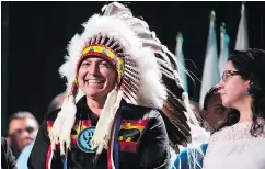  ??  ?? Perry Bellegarde is sworn in after being re-elected as the national chief of the Assembly of First Nations in Vancouver on Wednesday. — THE CANADIAN PRESS