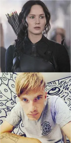  ??  ?? A destra, Felix Kjellberg, in arte PewDiePie, star di YouTube. In alto, Jennifer Lawrence nel ruolo di Katniss Everdeen, l’eroina del film