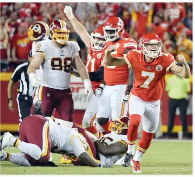  ??  ?? Kansas City Chiefs kicker Harrison Butker (7) celebrates his go-ahead field goal during the second half of an NFL football game against the Washington Redskins in Kansas City, Mo., Monday. The Kansas City Chiefs won 29-20. (AP)