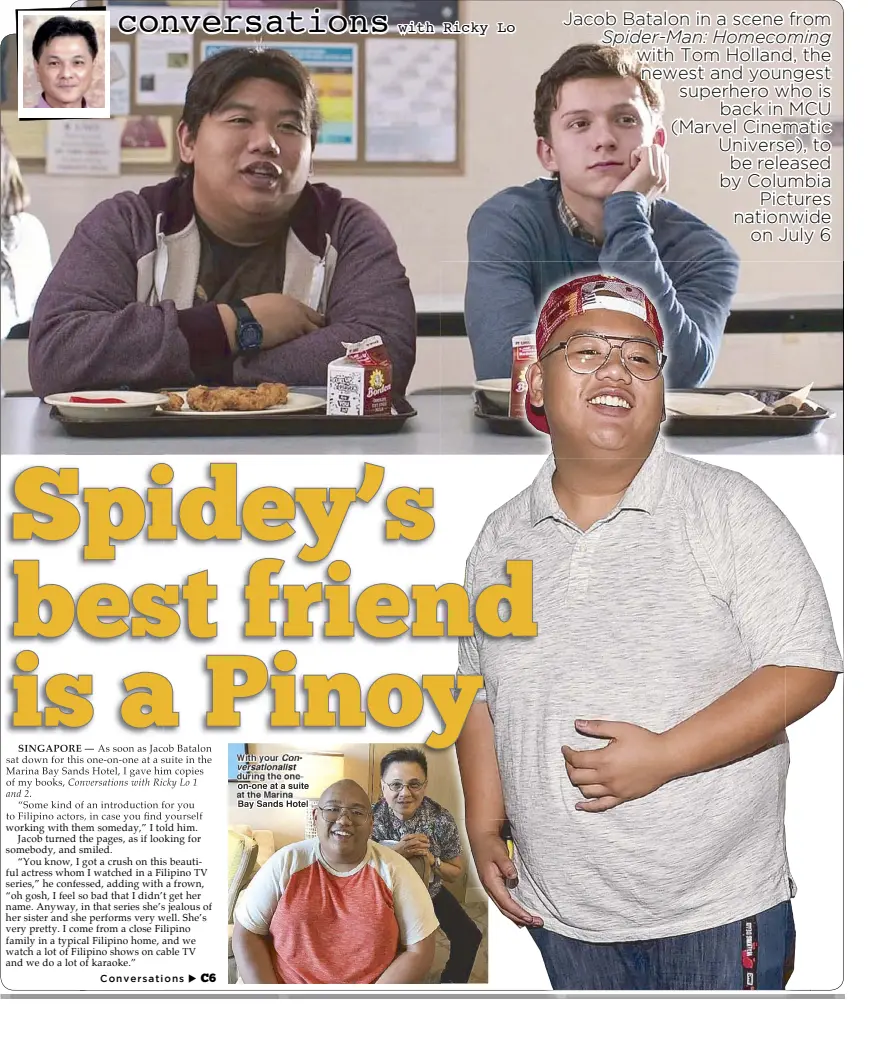  ??  ?? Jacob Batalon in a scene from Spider-Man: Homecoming with Tom Holland, the newest and youngest superhero who is back in MCU (Marvel Cinematic Universe), to be released by Columbia Pictures nationwide on July 6