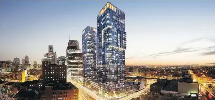  ?? ARTIST’S RENDERING COURTESY OF GROUPE BRIVIA ?? When completed, the YUL developmen­t on René-Lévesque Blvd. W., shown in this artist’s rendering of a nighttime view, will consist of two luxury towers comprising a total of 800 condos, as well as 17 townhouses.