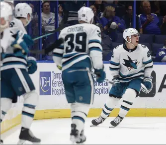  ?? PHOTO BY MIKE EHRMANN — GETTY IMAGES ?? The Sharks' Timo Meier, right, celebrates his goal in overtime on Tuesday against the Tampa Bay Lightning at Amalie Arena. Meier is arguably the most sought-after player heading into the NHL trade deadline.