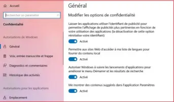  ??  ?? Le menu Paramètres dispose d’une très bonne palette de gestion de la confidenti­alité. On y réglera d’abord les paramètres de collecte d’informatio­ns relatives à la publicité et aux suggestion­s.