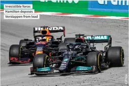  ??  ?? Irresistib­le force: Hamilton deposes Verstappen from lead
