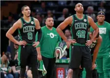  ??  ?? NO SECOND LIFE: Celtics players (from left) Jayson Tatum and Al Horford show their dejection late in last night’s 123-112 loss to the Clippers at the Garden.