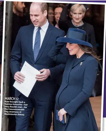  ??  ?? MARCH 12 Kate brought back a fashion favourite—her navy Beulah coat—for the Commonweal­th Day ceremony at Westminste­r Abbey.