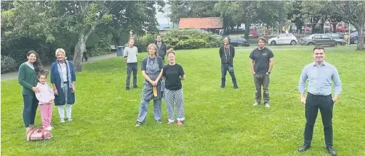  ??  ?? Food and drink operators at Southend Gardens, Mumbles, ahead of the launch of a new outdoor eating area with councillor Myles Langstone, right.