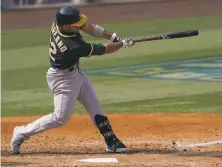  ?? Ashley Landis / Associated Press ?? Oakland’s Ramon Laureano hits a solo home run against the Astros. He hit two homers in the series finale.