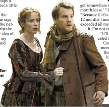  ??  ?? James Corden and Emily Blunt as the Baker and his wife in “Into the Woods”; top, Corden with Meryl Streep as the Witch.